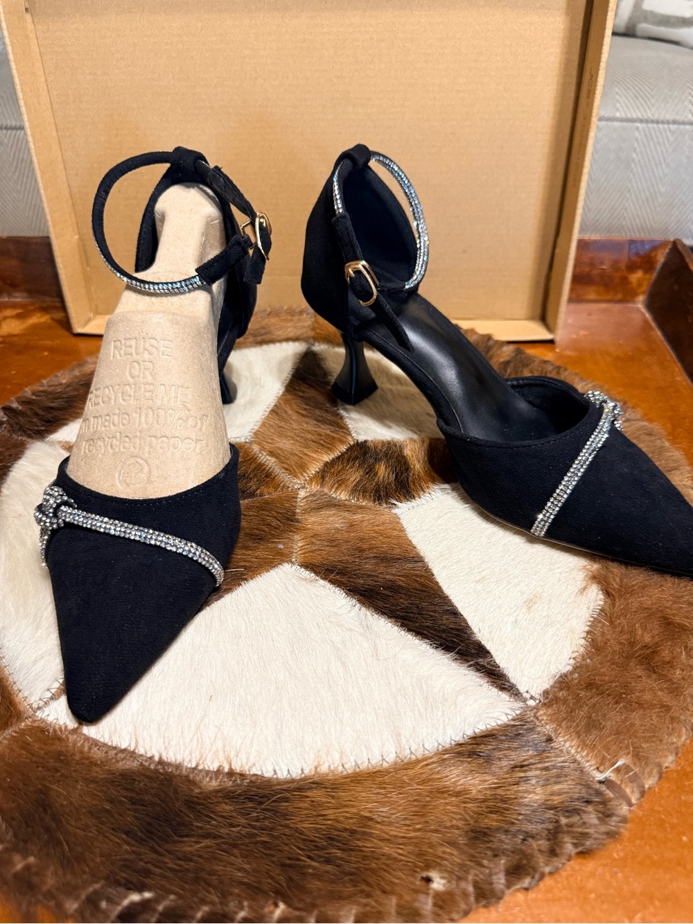 Ann Taylor Black Rhinestone-Trim Pointed Toe Ankle Strap Heels